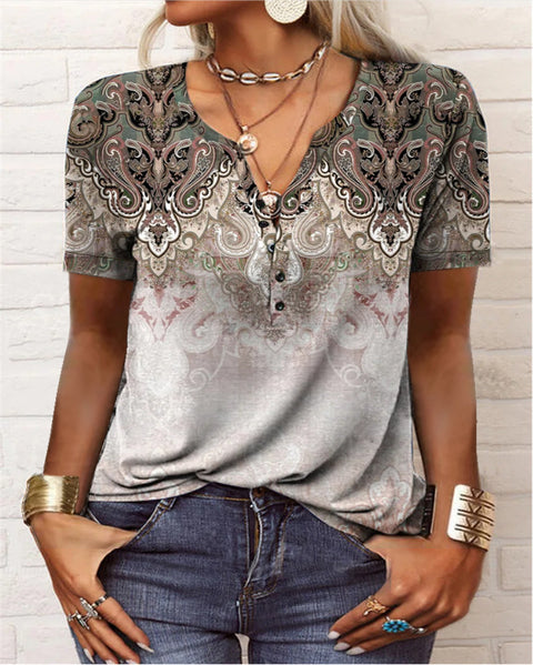 T-shirt femme à manches courtes, imprimé ethnique, mode femme m300017 