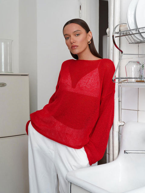 Women's perspective thin large round neck horn sleeve knitted T-shirt m301766
