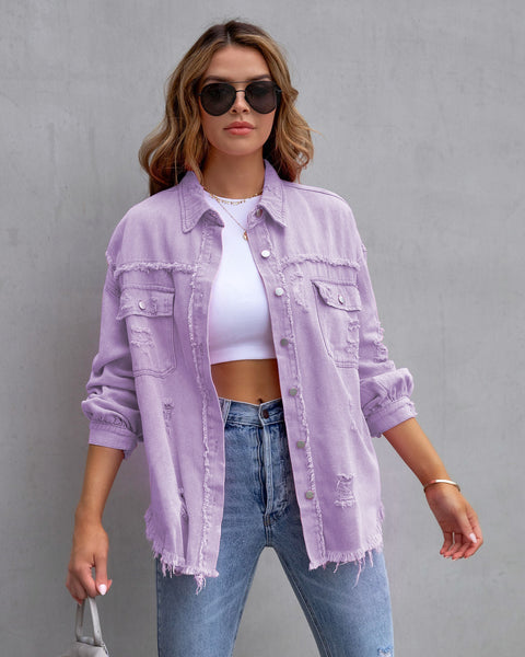 Veste en jean déchirée à ourlet brut, haut décontracté à manches longues et col polo M300220 
