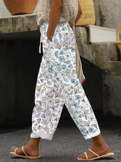Damenhose mit Taschen und lässigem Druck, elastische Taille, gerade geschnittene Hose m301372 