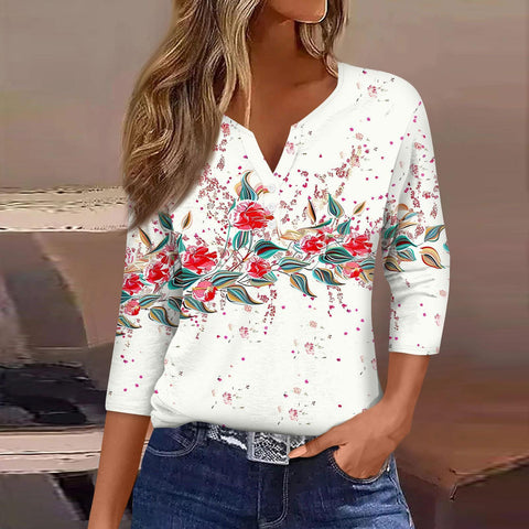 Col en V, manches sept-quarts à trois boutons, imprimé floral, vêtements amples pour femmes à la mode et décontractés m300565 