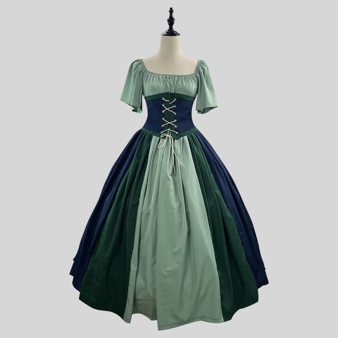 Medieval retro contrasting color slim-fit skirt flying sleeve big swing skirt m301546