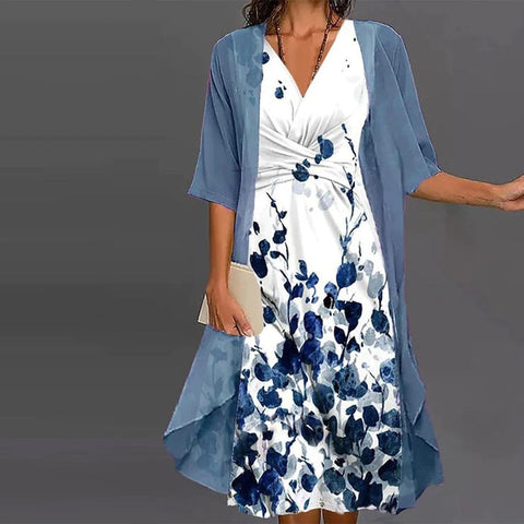 Fashion Positioning Printed Cross V-Neck Sexy Chiffon Suit Dress m301706