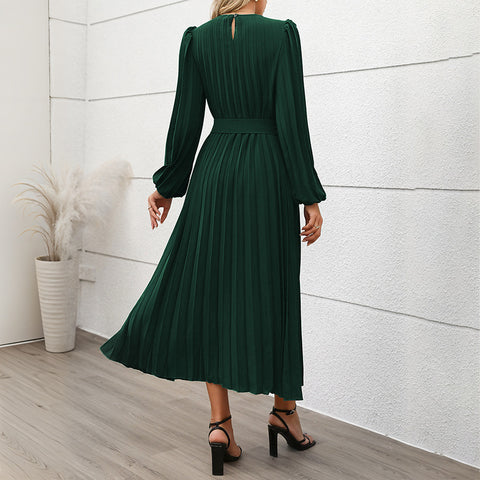 Robe longue plissée à manches longues, col rond, taille haute, pour femme, m300809 