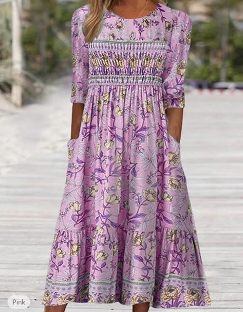 Robe longue décontractée à col ras du cou et manches courtes pour femme, imprimé 3D, taille plissée, style trapèze, m301299 