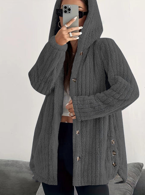 Autumn and winter women's clothing solid color long-sleeved hooded loose plush jacket women's m301910