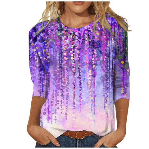 T-shirt ample à col rond et manches 3/4 pour femme, imprimé M300227 