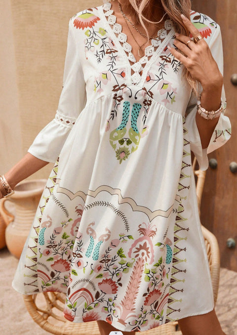 Nouvelle robe imprimée polyvalente et décontractée à col en V avec dentelle épissé m300993 