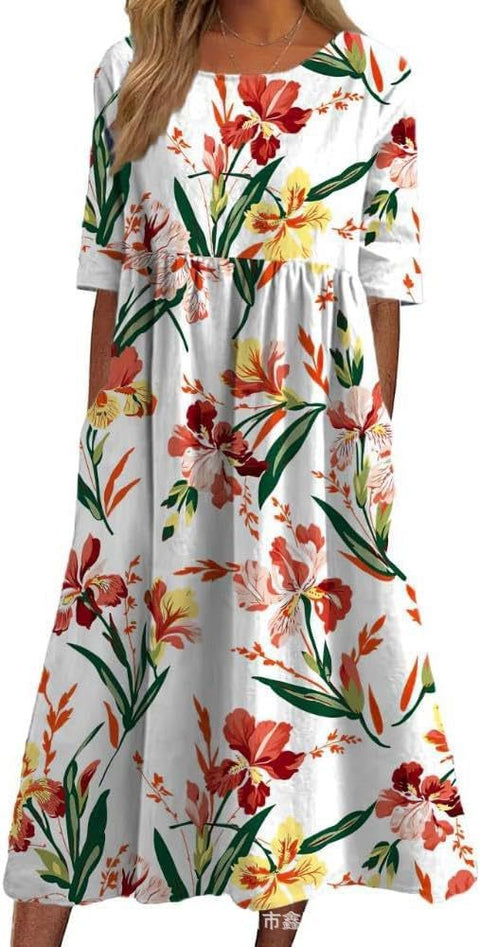 Robe longue décontractée à col ras du cou et manches courtes pour femme, imprimé 3D, taille plissée, style trapèze, m301299 
