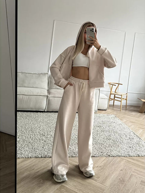Long Sleeve Zipper Cardigan Hooded Sweater Lace-Up Pants Two-piece Cotton M301805