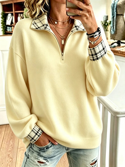 Plaid solid color printed women's semi-zipper stand-up neck sweater FF303402