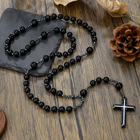 Collier hip hop en pierre naturelle noire, œil de tigre jaune, croix en pierre de fer, m3331291 