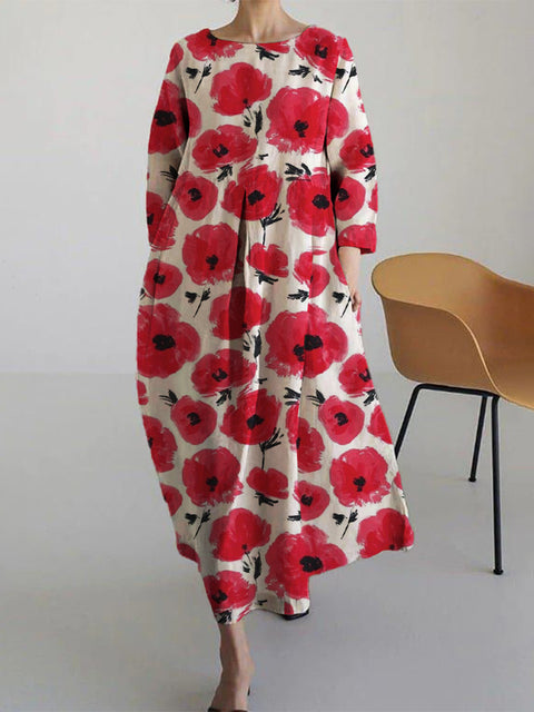 Robe ample à col ras du cou et manches longues imprimée haut de gamme m301044