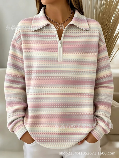 Lapel Striped Pen Print Women's Half Zip Sweater FF303305