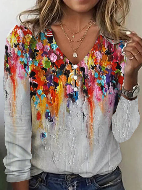 Pull-shirt à manches longues et col en V avec boutons nacrés et étoiles tie-dye m300609 