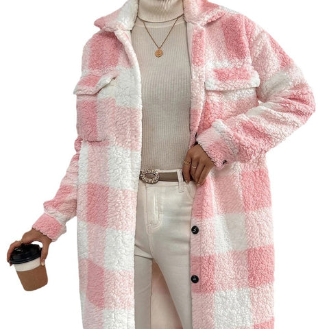 Veste à carreaux en peluche à revers ouvert pour femme, manteau long et ample, style banlieue, m300360 
