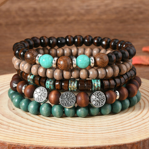 Bracelet rétro en alliage de zinc avec perles en bois tissées à la main, motif arbre de vie, multicouche, cinq pièces, m3331272 