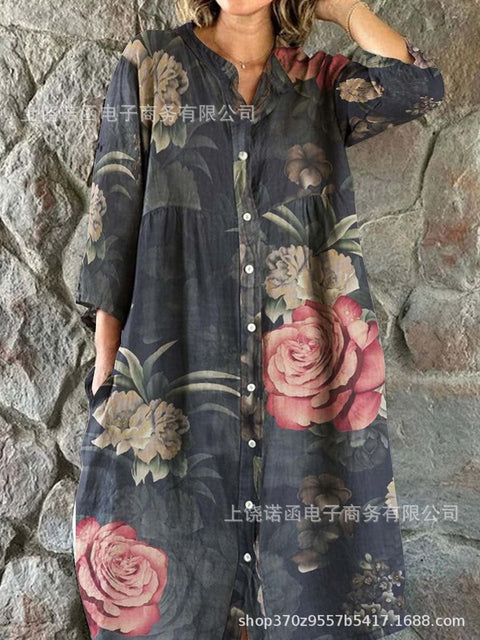 Robe chemise ample à col ras du cou et manches longues pour femme, imprimée, de qualité supérieure, m301050