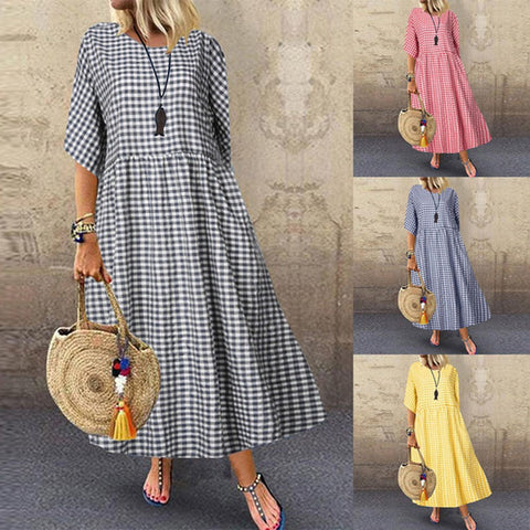 Spring plaid plaid literary temperament short-sleeved round neck pendulum dress m303191
