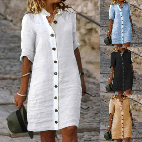 Robe en coton et lin à col chemise et manches mi-longues, grande boucle ronde M300218