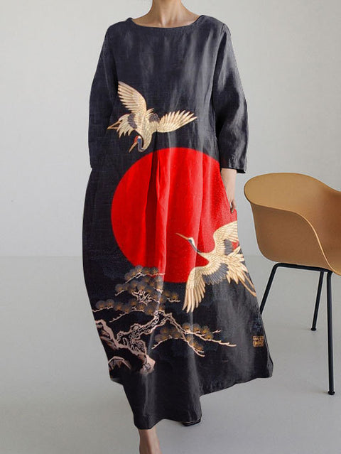 Lockeres, modisches Premium-Kleid mit Rundhalsausschnitt und langen Ärmeln und Aufdruck m301044