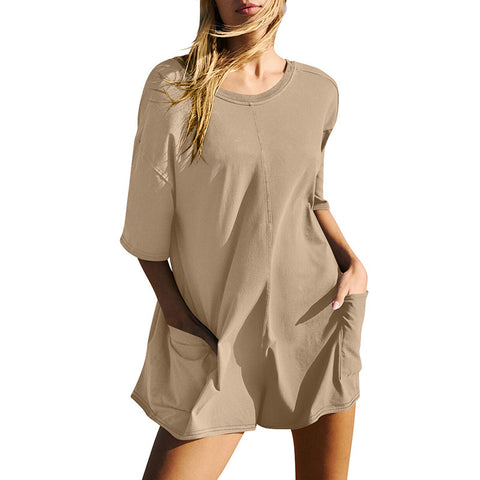 Damen Kurzarm Rückenfrei V-Ausschnitt Locker Lässig Taschen Jumpsuit M300225 