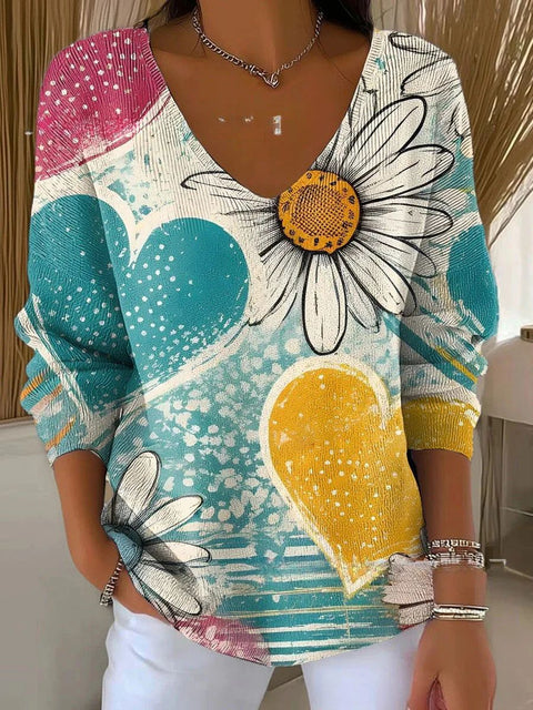 Shoulder V-Neck Long Sleeve Pullover 3D Digital Printing Women's Top T-Shirt m302616