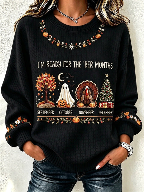 Halloween Waffle Print Crew Neck Long Sleeve Casual Pullover Sweater FF303495