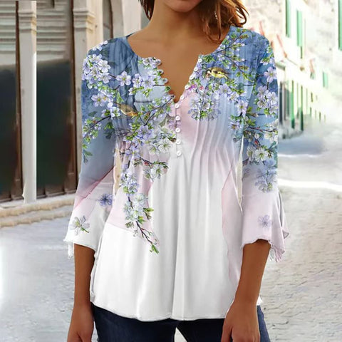 T-shirt imprimé à col en V et manches courtes, boutonné et plissé, m300032 