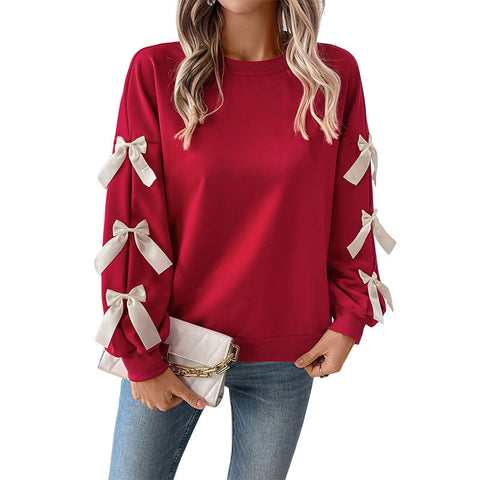 Roter Pullover mit Rundhalsausschnitt und Schleife für Damen, m300806 