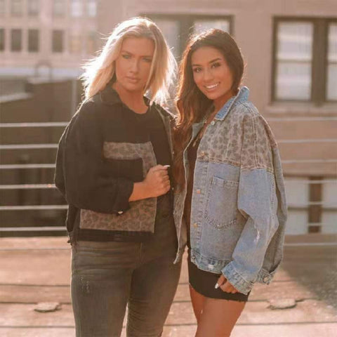 Veste en jean femme manches longues, veste en jean femme imprimé léopard épissage m300582 