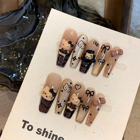 Faux ongles amovibles en forme d'œil de chat Hello Kitty marron de qualité supérieure, longs et blancs, avec autocollant m3331216