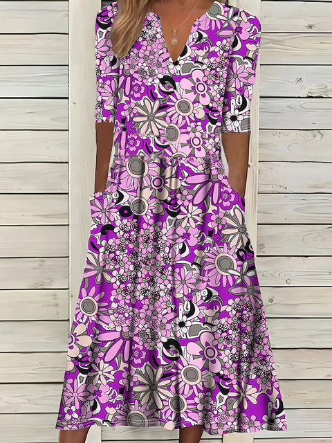 Elegantes Kleid mit V-Ausschnitt und Fünfviertelärmeln und Print m301208 
