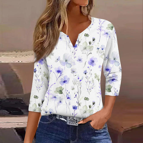 Col en V, manches sept-quarts à trois boutons, imprimé floral, vêtements amples pour femmes à la mode et décontractés m300565 