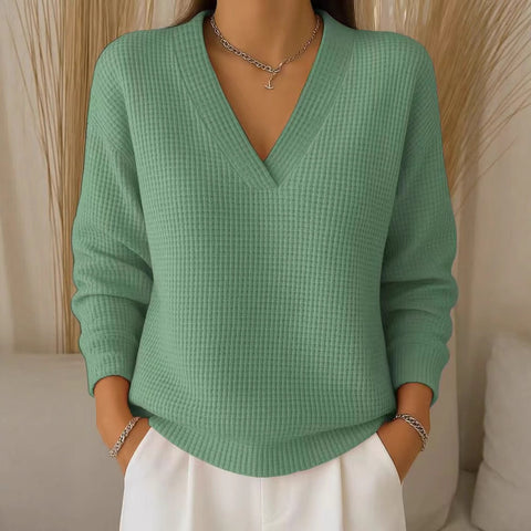 Women's Casual Loose Fashion Solid Color Waffle Long Sleeve Pullover M302343