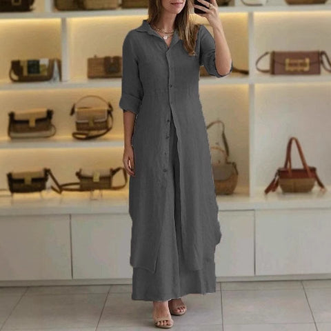 Ensemble élégant en coton et lin, coupe ajustée, chemise à manches longues et pantalon large m301063 