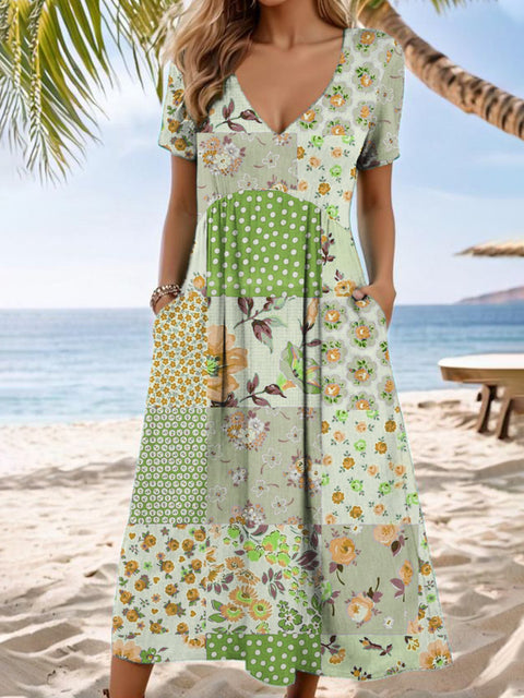 Robe longue décontractée à col en V et manches courtes avec poche et impression numérique pour femme M301426 