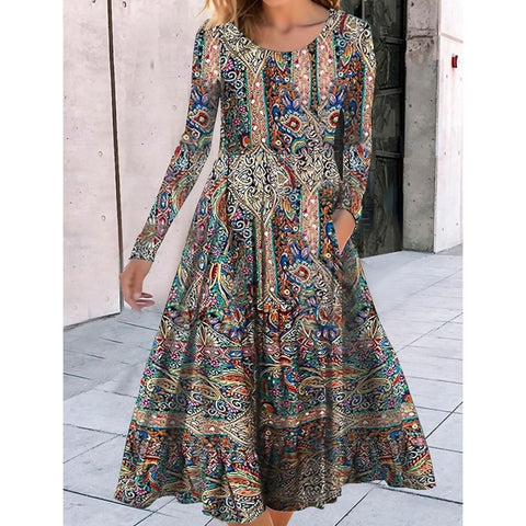 Robe ample à col ras du cou et manches longues, imprimé géométrique, style pendule, m300700 