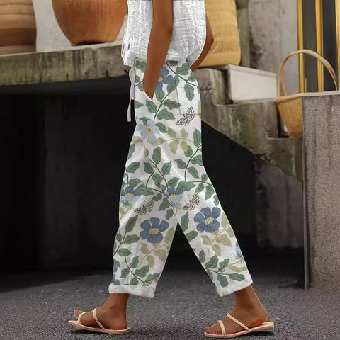 Damenhose mit Taschen und lässigem Druck, elastische Taille, gerade geschnittene Hose m301372 