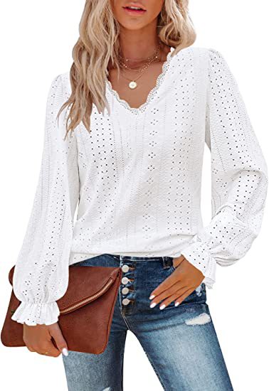 V-Ausschnitt Hohl Casual Plissee Ärmel Top Shirt Herbst m300647
