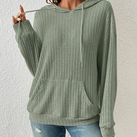 Damen-Strickpullover mit Kapuze, Pit-Streifen und Kängurutasche, m300525 