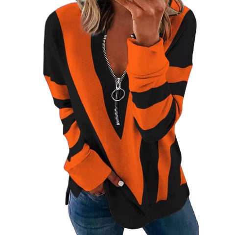 Pull à manches longues et col en V pour femme, imprimé floral, fermeture éclair, M300196 