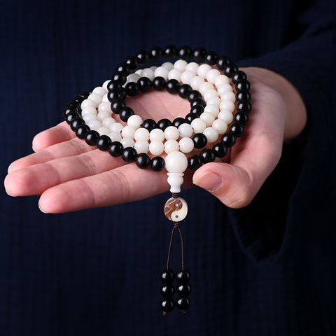 Bracelet chapelet taoïste en perles d'ébène blanc Bodhi, 108 perles Hunyuan, m3331295