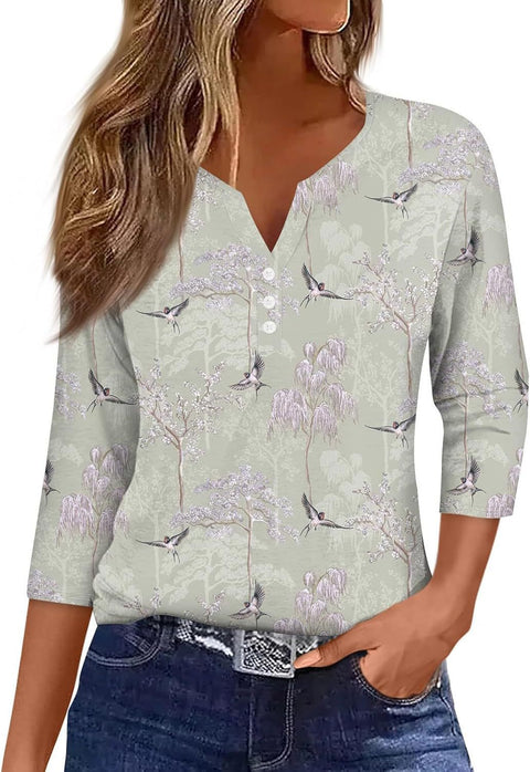 Vêtements pour femmes à motif marbré, col en V, trois boutons, manches sept-quarts, m300581 