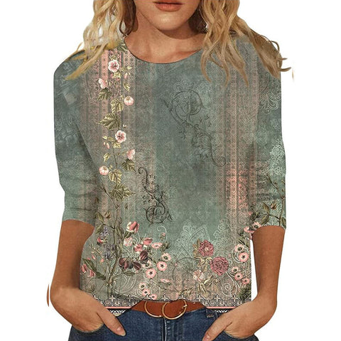 Pull ras du cou à manches sept-quarts et imprimé 3D de fleurs et de plantes m300615 