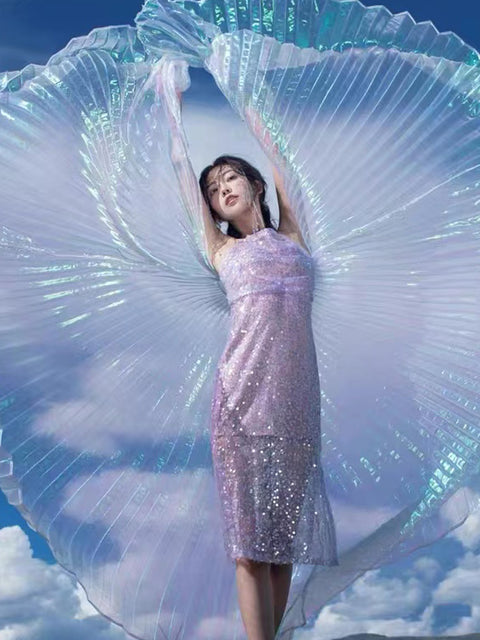 Robe de danse fendue à 360 degrés avec ailes dorées et argentées m33311027