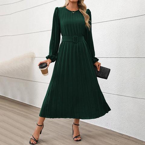 Robe longue plissée à manches longues, col rond, taille haute, pour femme, m300809 