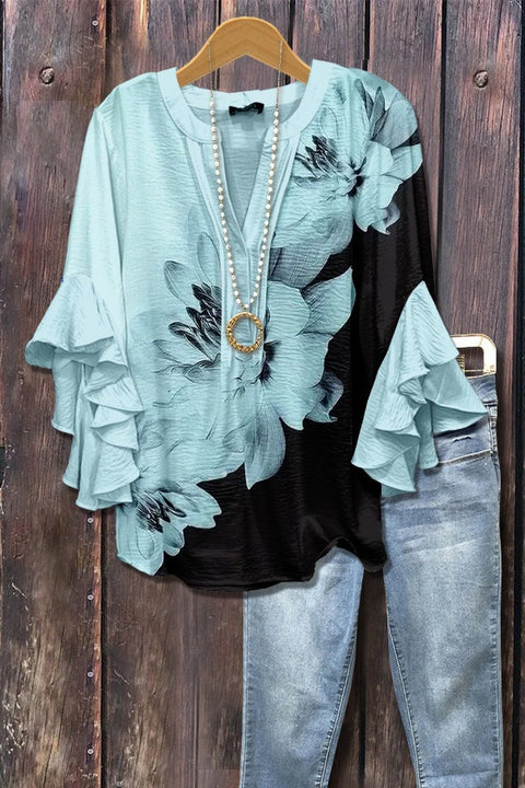 Digital printing casual trend V-neck lotus edge T-shirt women's m302725-2