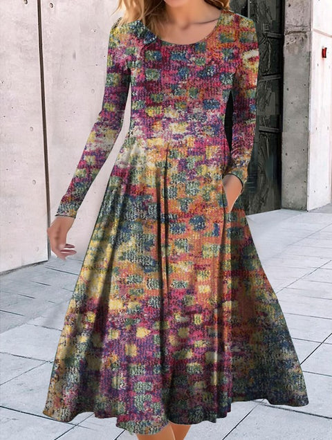 Robe ample à col ras du cou et manches longues, imprimé géométrique, style pendule, m300700 