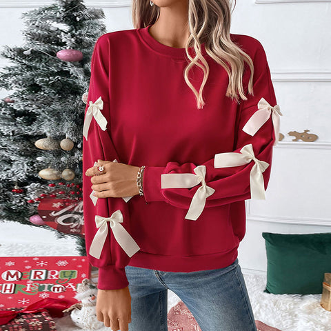 Roter Pullover mit Rundhalsausschnitt und Schleife für Damen, m300806 
